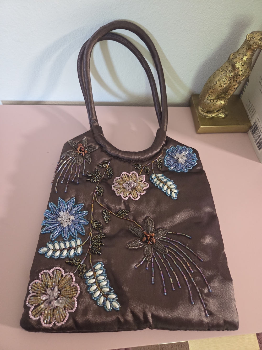 Embellished Brown Satin Shoulder Bag with Floral Beading